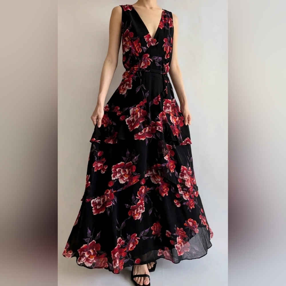 WHBM Floral Print Midi Dress Women’s  Tiered Chiffon Tango Dance Shash Tie Size